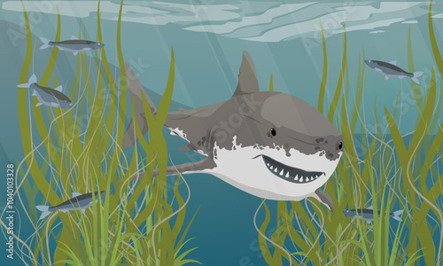 Great white shark swimming through thickets of tall green algae and schools of fish. Realistic vector landscape