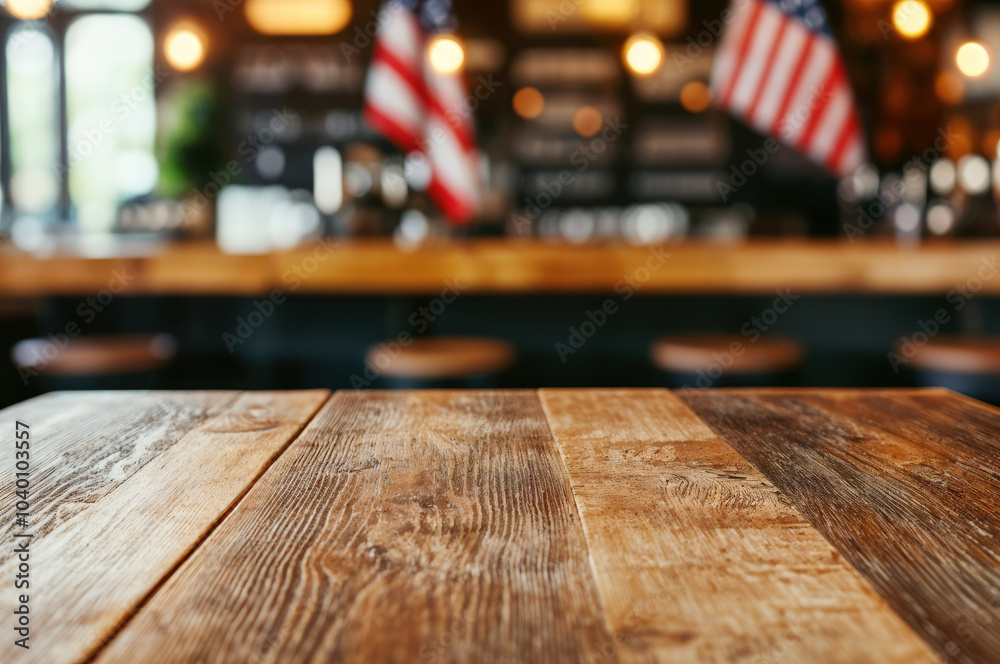 Empty wooden tabletop with a blurred american bar setting in the background with a rustic brown texture for a warm and inviting atmosphere Empty wooden tabletop with a blurred american bar setting in the background with a rustic brown texture for a warm and inviting atmosphere