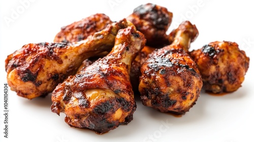 Close-up of a pile of grilled chicken drumsticks on a white background.