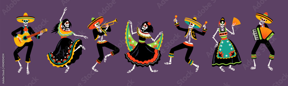 Mexican skeletons dance. Patterned sugar skulls in sombreros and bright traditional costumes and bright carnival dresses, dead day party, cartoon flat style isolated tidy vector set