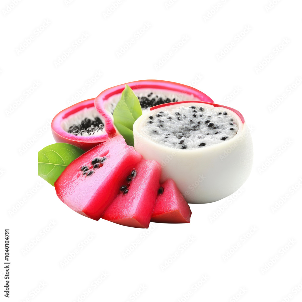 Sliced Dragon Fruit with Green Leaves Sliced Dragon Fruit with Green Leaves