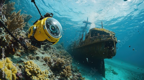 Underwater Exploration with Submarine Near Shipwreck and Coral Reef
