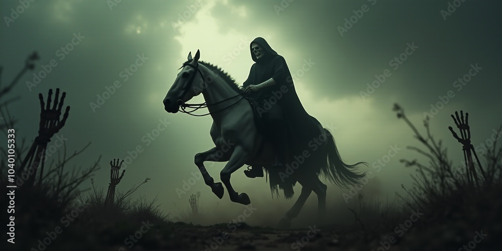Death on his pale horse, Death, the final horseman, riding a pale horse, cloaked in shadow, carrying a long scythe. Death on his pale horse, Death, the final horseman, riding a pale horse, cloaked in shadow, carrying a long scythe.