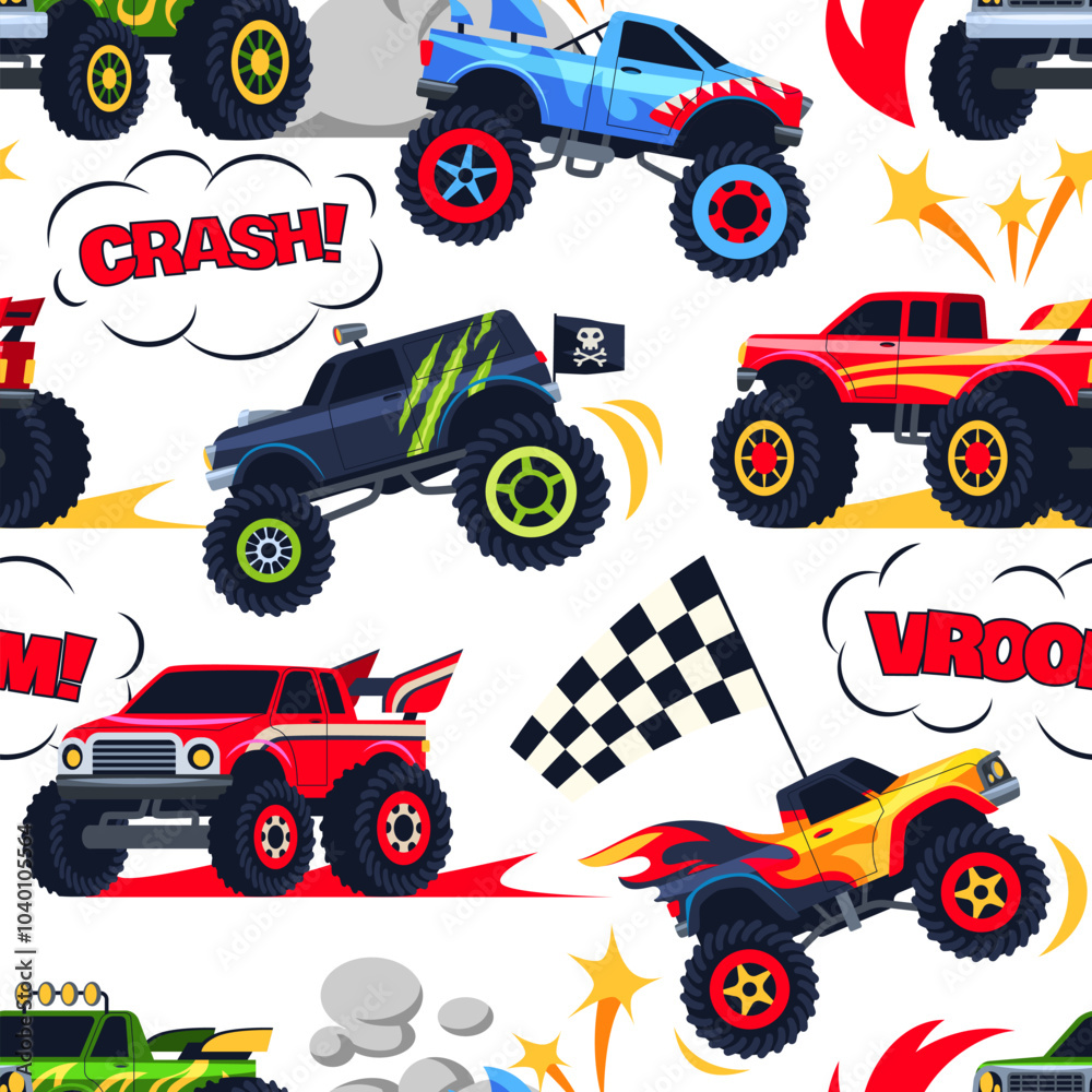 Naklejka premium Heavy cars seamless pattern. Repeated monster trucks with aggressive design and large wheels, american extreme show. Decor textile, wrapping paper, wallpaper. Tidy vector background
