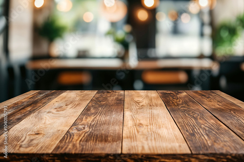 Empty wooden table providing space for product placement with blurred cafe in the background photo