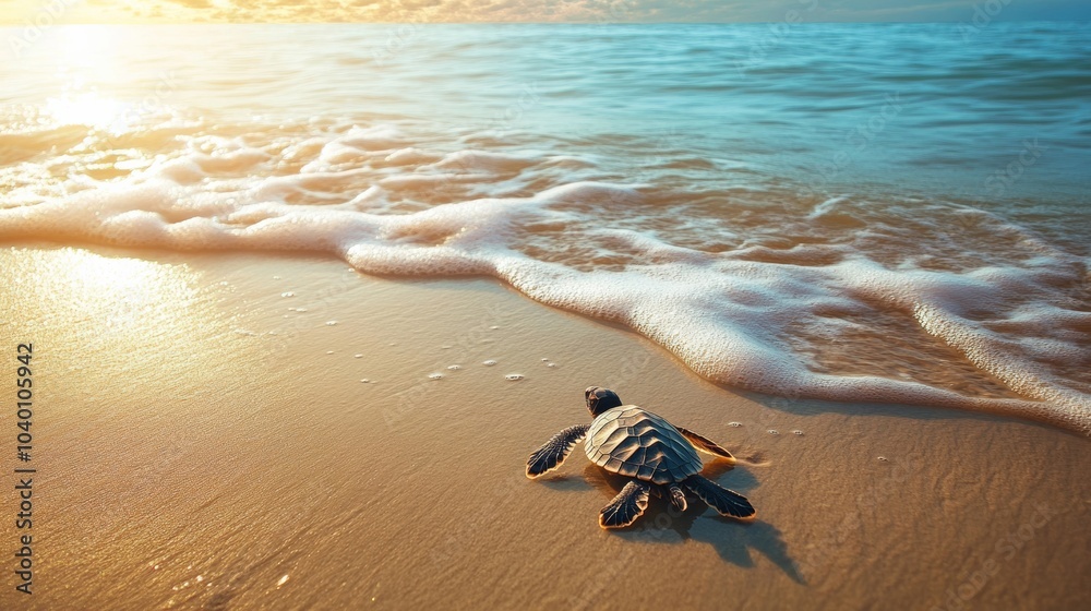 Φωτογραφία A green sea turtle walks in the water, gently crashing against the waves, representing a connection to the ocean and the cycle of life