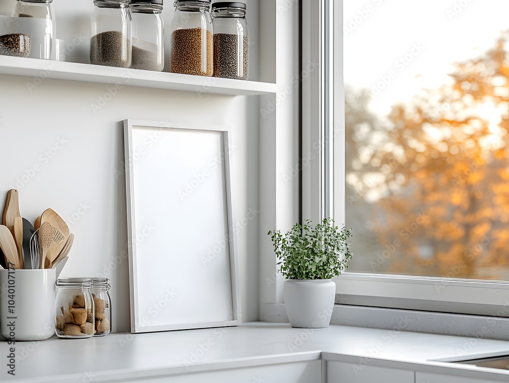 Fototapeta premium Kitchen Corner Mockup: An empty white frame on a kitchen counter, bathed in warm natural light streaming in from a nearby window. The perfect canvas for showcasing artwork, photography.
