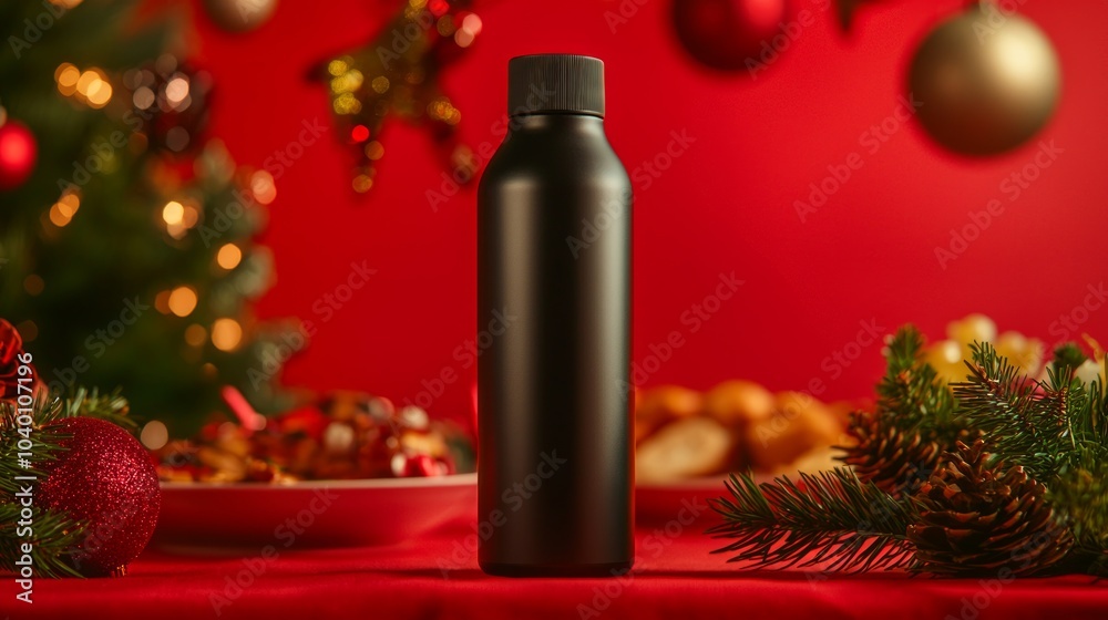 Festive Seasonal Celebrations: Elegant Black Thermo Water Bottle on Vibrant Red Tablecloth with Holiday Spread in Background