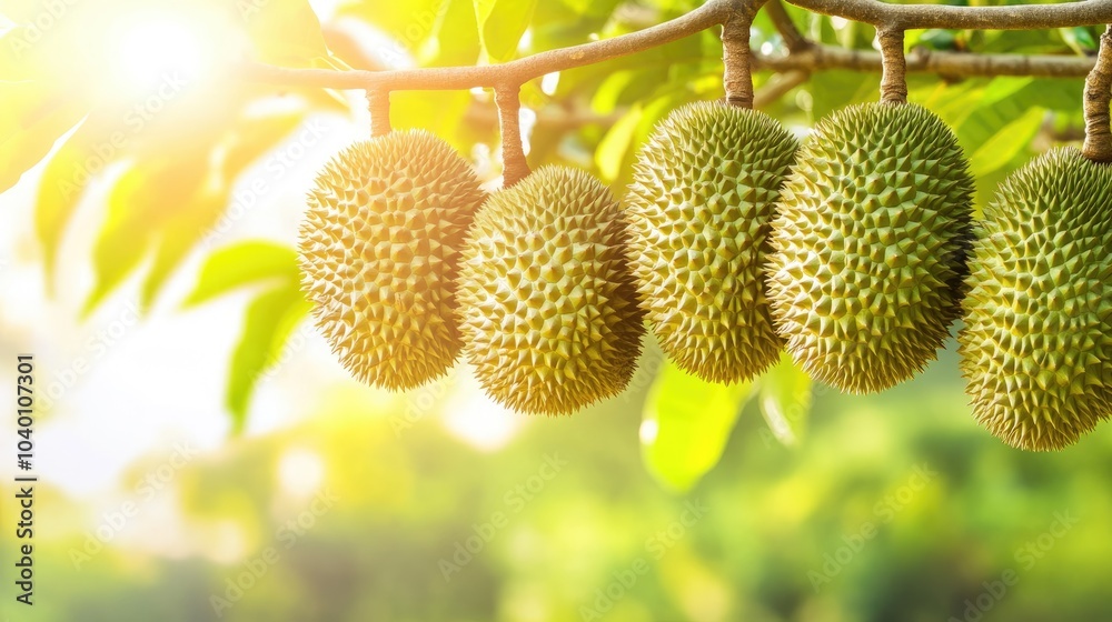 Fresh Green Durian Fruits Hanging on Tree Branch Fresh Green Durian Fruits Hanging on Tree Branch