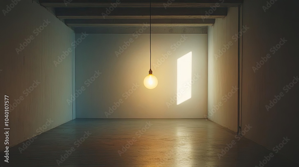 A lightbulb hanging from a simple wire, casting soft light in an empty room A lightbulb hanging from a simple wire, casting soft light in an empty room