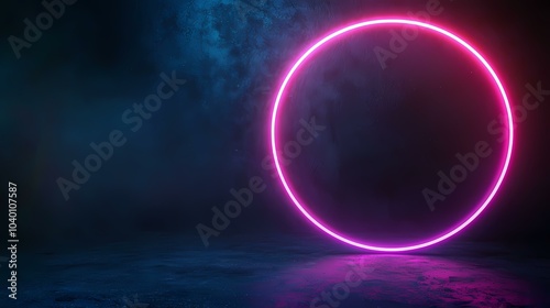 A glowing pink neon circle sits on a dark, textured floor.