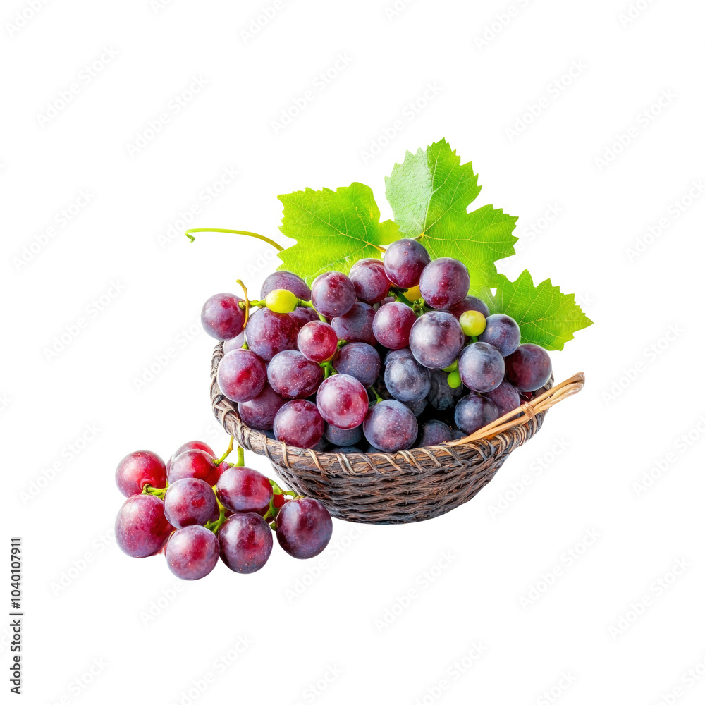 Fresh Red Grapes in a Wicker Basket with Green Leaves Fresh Red Grapes in a Wicker Basket with Green Leaves