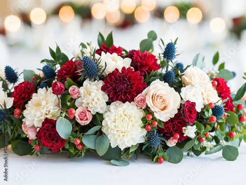 Elegant floral arrangement in white, red and blue, decorating an empty table with a blurred background photo