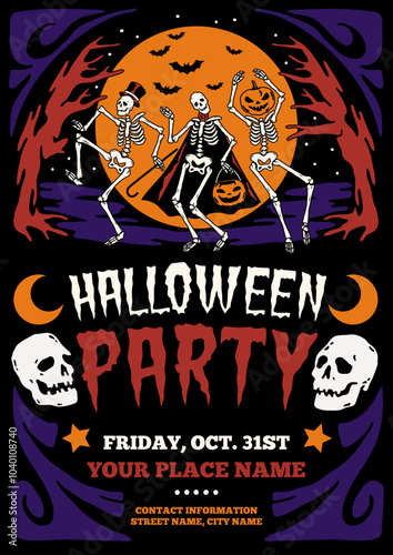 Dancing skeleton halloween party. Holiday invitation, spooky characters, day of dead, full moon and bats, greeting card, poster design, cartoon flat style isolated tidy vector concept