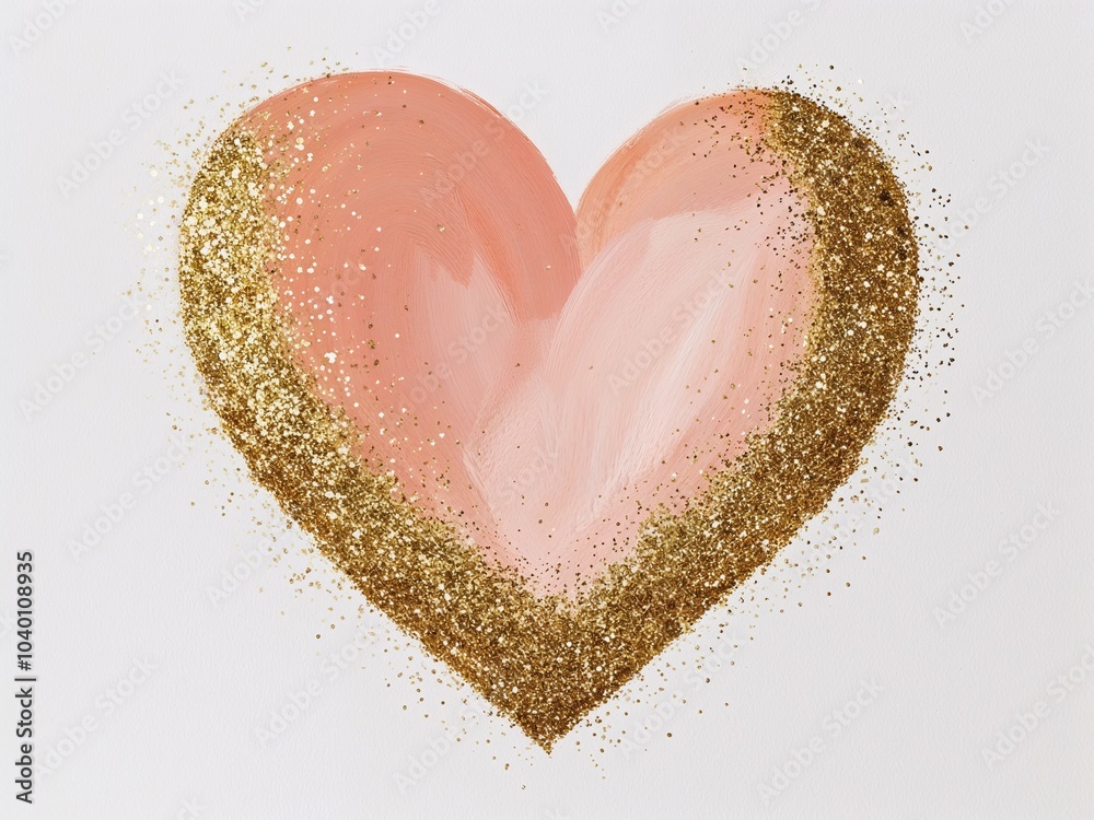 Peach heart with gold glitter hand drawn painted painting illustration on plain white background Peach heart with gold glitter hand drawn painted painting illustration on plain white background