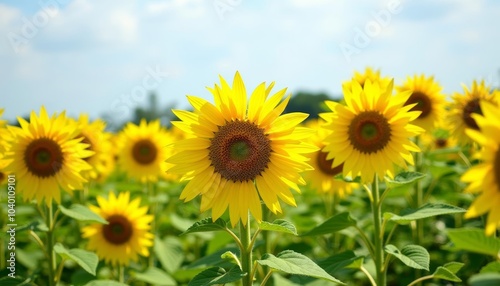  Bright and cheerful sunflower field under a blue sky