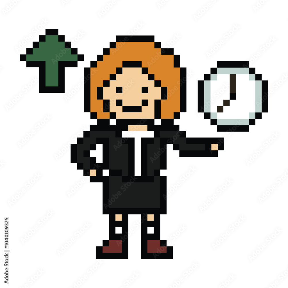 Fototapeta premium Cartoon cute pixel cartoon 8bit character business woman office smart work game for decoration business 8 bit female lady teacher businesswoman career smart character game png vector.