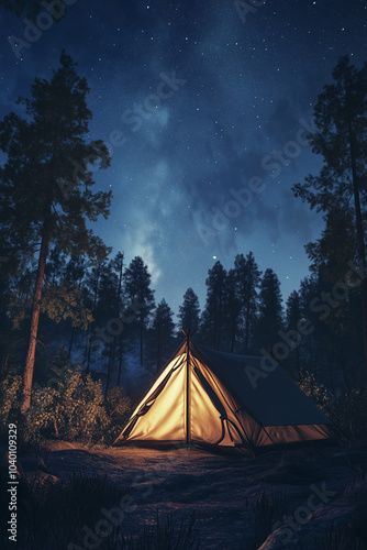 Illuminated Tent Under Starry Sky in Forest at Night