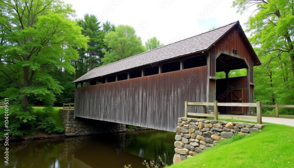 Tranquil wooden bridge over serene pond Tranquil wooden bridge over serene pond