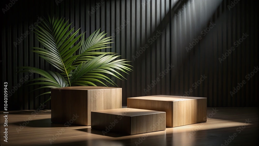 Minimalist Wood Box Pedestals for Product Showcase in Fashion Photography - Elegant Cosmetic Stand with Leaf Shadows on Minimalist Wood Box Pedestals for Product Showcase in Fashion Photography - Elegant Cosmetic Stand with Leaf Shadows on