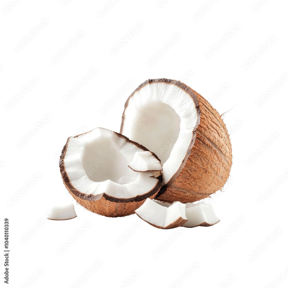 Fresh Coconut Halves and Pieces Isolated on Black Background Fresh Coconut Halves and Pieces Isolated on Black Background