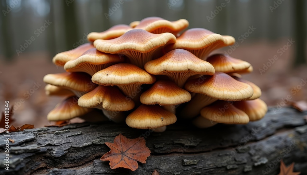Autumns bounty A cluster of vibrant mushrooms on a fallen log Autumns bounty A cluster of vibrant mushrooms on a fallen log