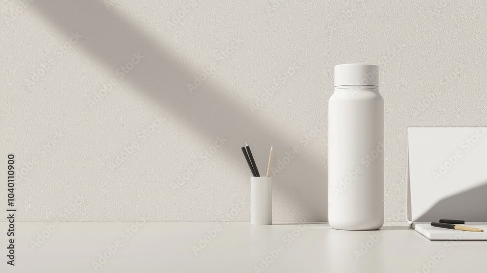 Zen Workspace: Minimalist Thermo Water Bottle and Creative Supplies on Clean Desk Zen Workspace: Minimalist Thermo Water Bottle and Creative Supplies on Clean Desk