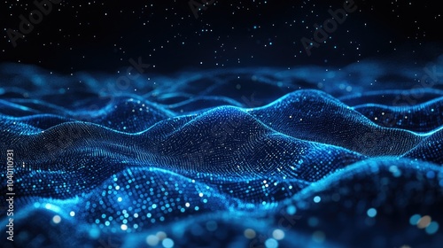 Abstract digital particles in motion, forming a futuristic data stream background.
