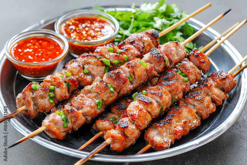 Deliciously grilled pork skewers served with spicy dipping sauce for perfect flavor explosion Deliciously grilled pork skewers served with spicy dipping sauce for perfect flavor explosion