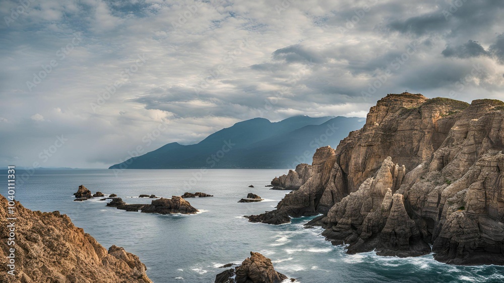 The blue sea with the scenery of rocks, cliff, and island under the cloudy sky. Generative AI The blue sea with the scenery of rocks, cliff, and island under the cloudy sky. Generative AI