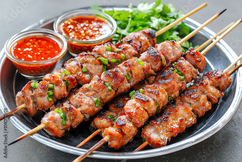 Deliciously grilled pork skewers served with spicy dipping sauce for perfect flavor explosion