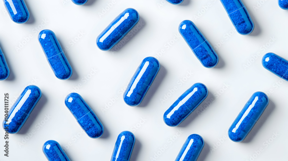 Top View of Multiple Blue Capsules Arranged in a Pattern on a White Background Top View of Multiple Blue Capsules Arranged in a Pattern on a White Background