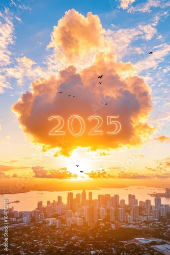 Sunset Over City with Cloudy Sky and 2025 Year