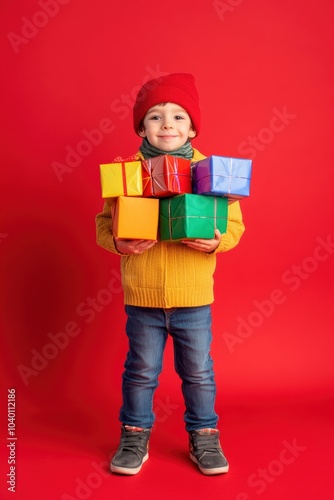 Happy child with gift box in holiday season.