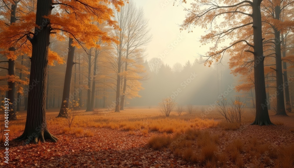 Fototapeta premium Autumns golden embrace in the misty forest