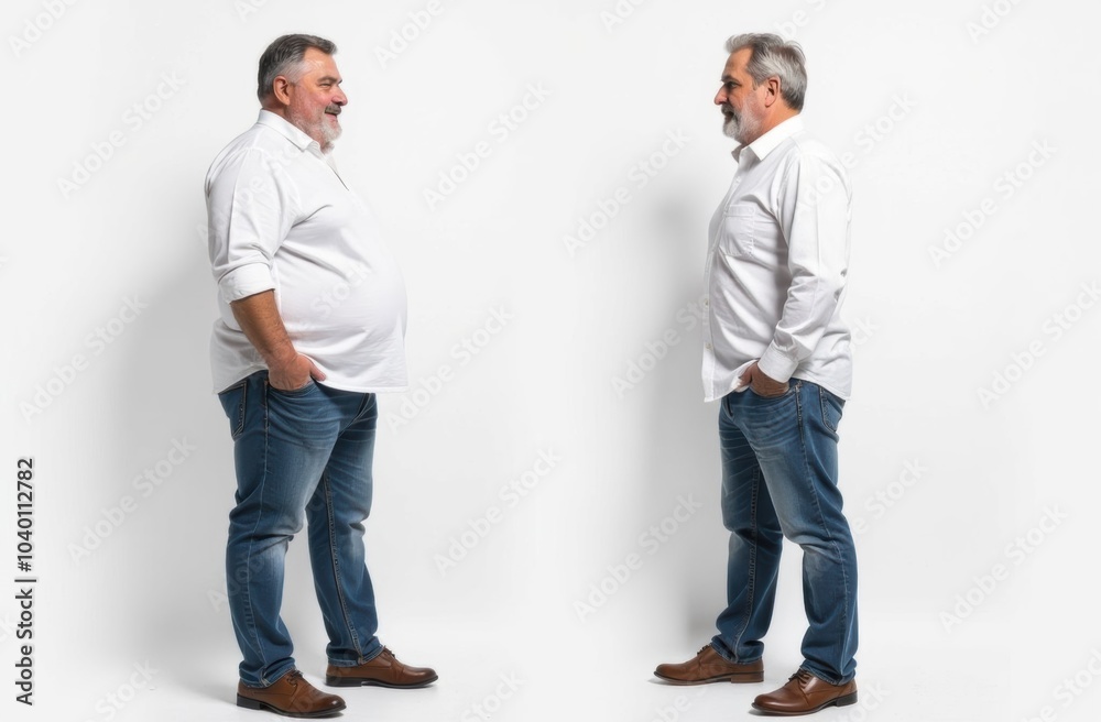 Side-by-Side Weight Loss Transformation - Slimmer Mature Man Side-by-Side Weight Loss Transformation - Slimmer Mature Man