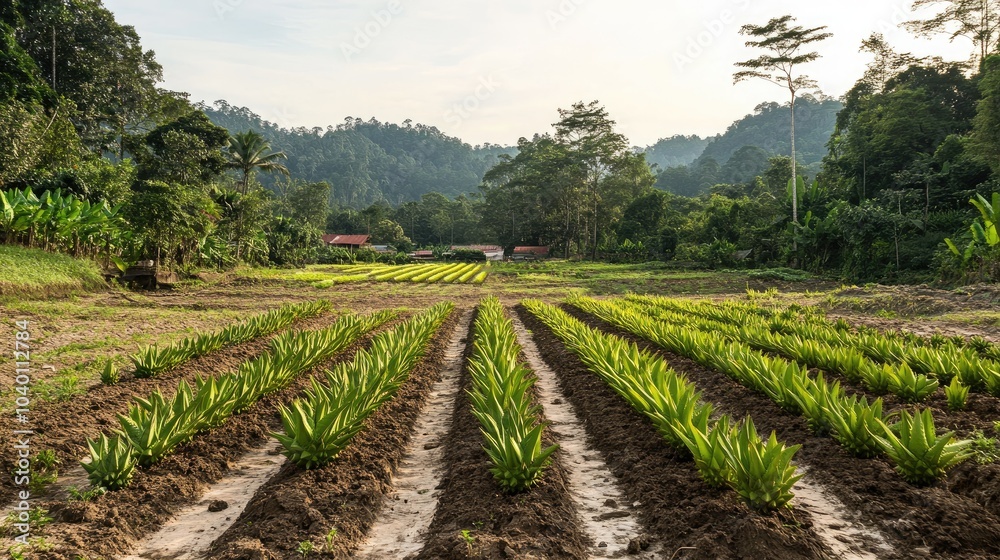 Lush Green Aloe Vera Farm in Serene Landscape Lush Green Aloe Vera Farm in Serene Landscape