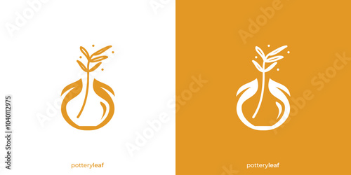 Simple Handmade Pottery Logo Aesthetic Decorative Plants with Minimalist Style. Pottery Leaves Logo Design Icon Symbol Vector Inspiration.	