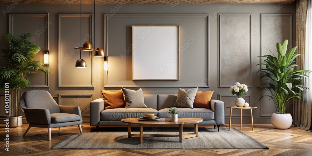 Fototapeta premium Mockup of a Stylish Poster Frame in Modern Interior 3D Rendering for Home Decor Enhancement