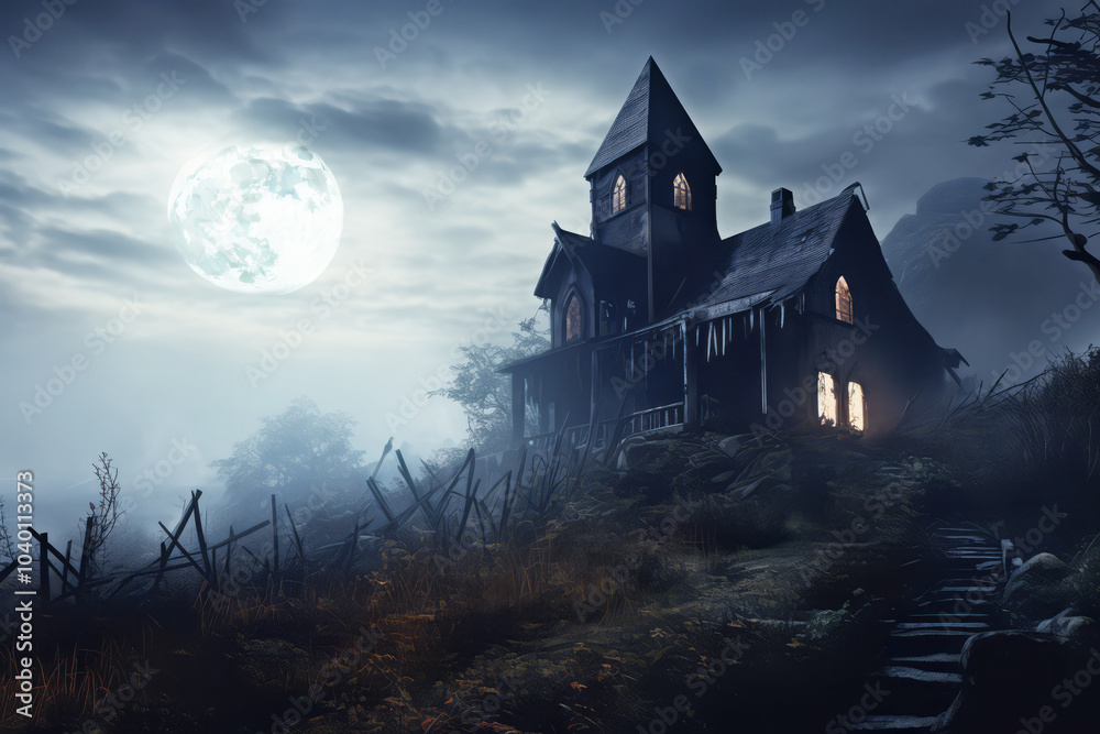 Old abandoned scary house against the background of the full moon Old abandoned scary house against the background of the full moon