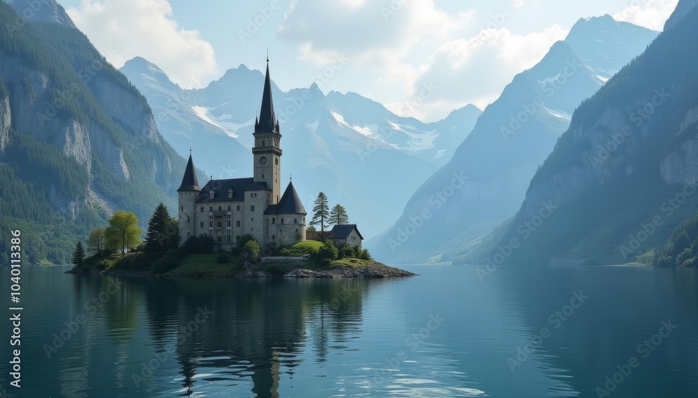 Fototapeta premium Enchanting Castle on a Lake Surrounded by Majestic Mountains