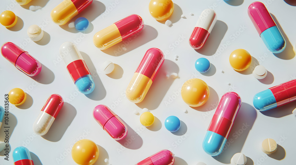 Colorful Capsules and Pills Scattering on a White Surface, Representing Health and Wellness Concepts Colorful Capsules and Pills Scattering on a White Surface, Representing Health and Wellness Concepts