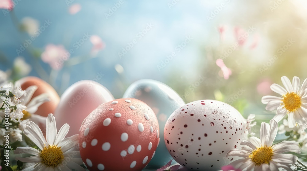 Beautiful easter eggs with flowers and copy space Beautiful easter eggs with flowers and copy space