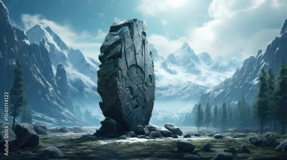 A view of a large stone and mountains. 4K animated video