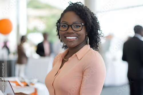 African American woman working as a public relations officer at an event, People photography