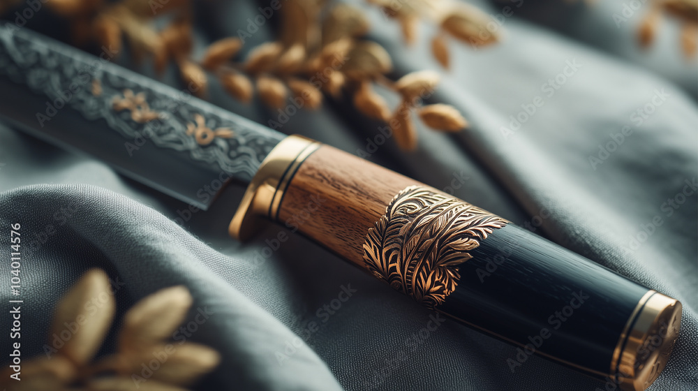 Naklejka premium A knife with gold engravings on the handle sits on a table. The knife is sharp and has a black blade. The gold engravings on the handle give the knife a luxurious and elegant appearance