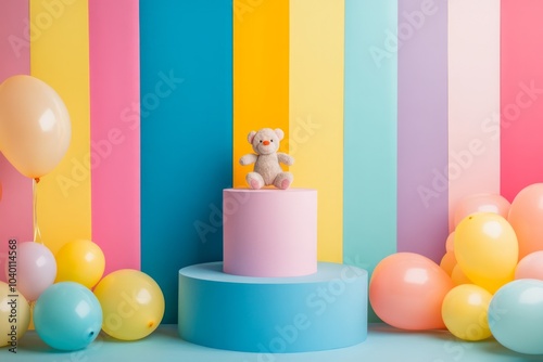 childlish styled, toys and balloons around colorful photo