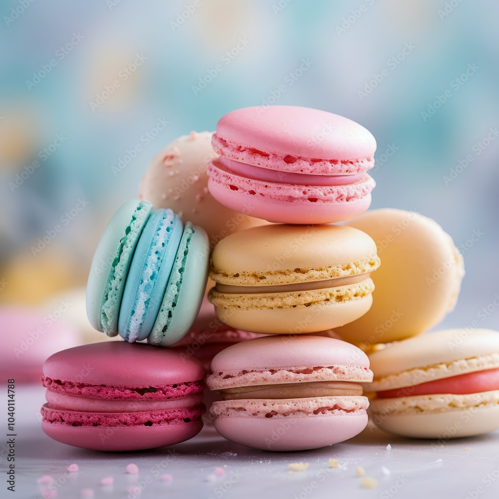 A variety of pastel-colored French macarons stacked on a table, showcasing delicate textures and vibrant shades in a soft background A variety of pastel-colored French macarons stacked on a table, showcasing delicate textures and vibrant shades in a soft background
