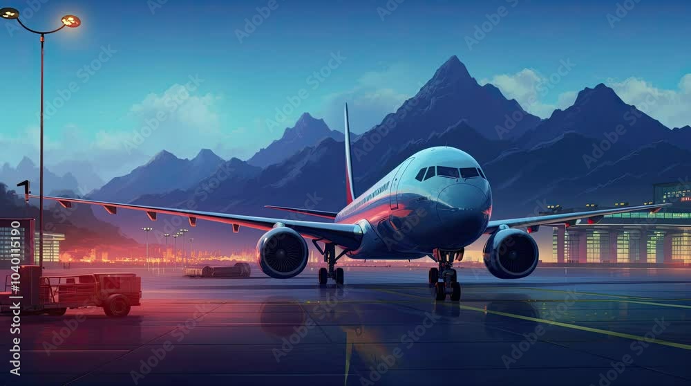 A view of mountains and an airplane. 4K animated video