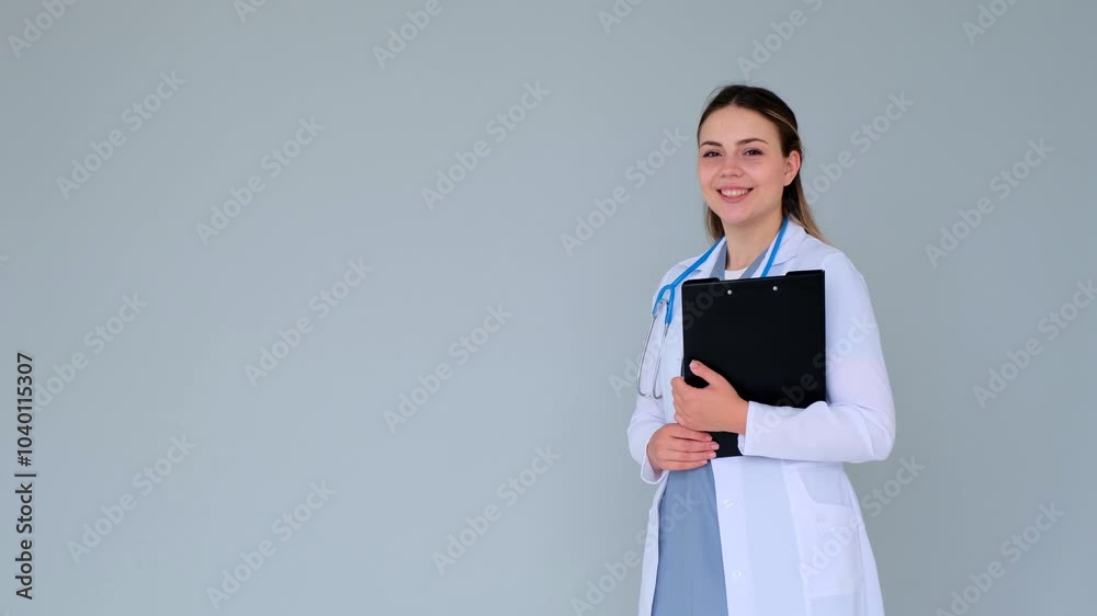 Smiley Caucasian young adult woman doctor or nurse standing on white background. Shot with copy space. Medical practitioner or professional specialist. Smiley Caucasian young adult woman doctor or nurse standing on white background. Shot with copy space. Medical practitioner or professional specialist.